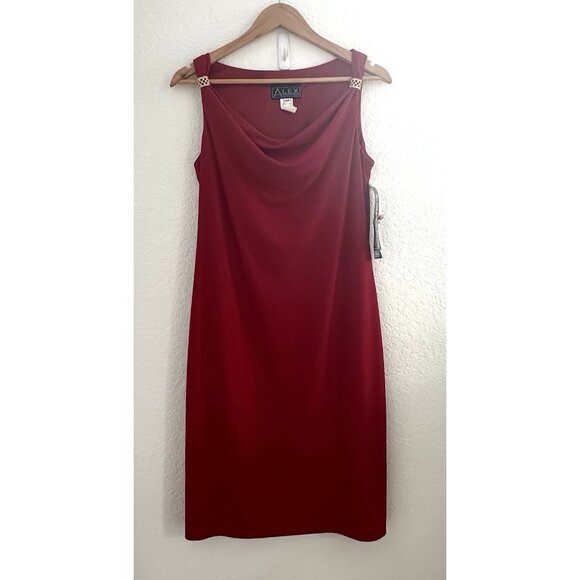 Vtg Y2K Alex Evenings Cocktail Dress 12P Red Gold‎ Brooch Cowl Neck Mobwife NWT - Picture 1 of 13